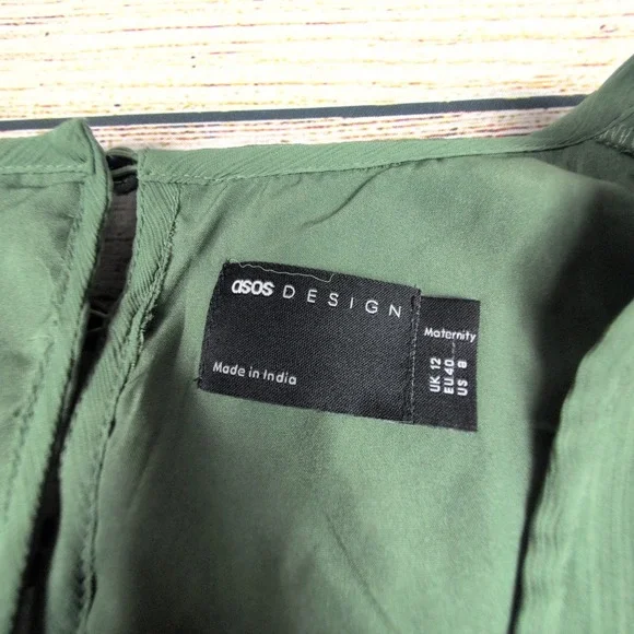 ASOS DESIGN Maternity Mini Dress Sage Green Ruffle Balloon Sleeve Open Back US 8 - Picture 2 of 8